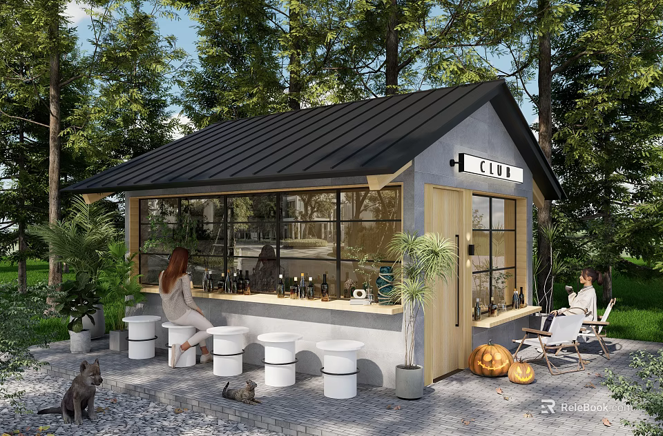 Outdoor Bar With Black Roof Large Windows White Stools And Pumpkin Decor 3d model 