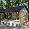 Outdoor Bar With Black Roof Large Windows White Stools And Pumpkin Decor