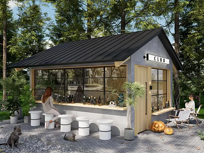 Outdoor Bar With Black Roof Large Windows White Stools And Pumpkin Decor 3d model