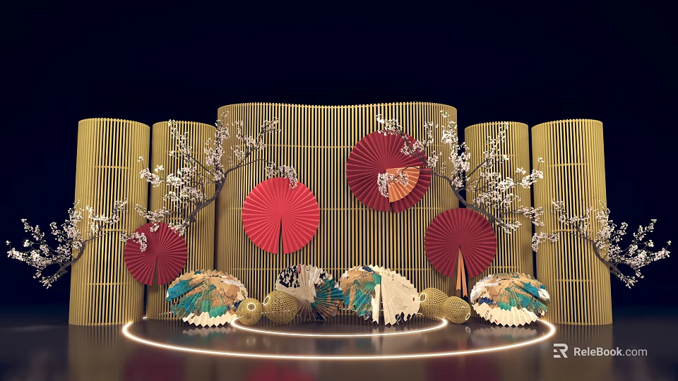 Traditional Decorative Scene With Golden Screens Red Fans Plum Blossom Branches And Glowing Ring Base 3d model 