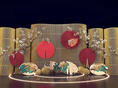 Traditional Decorative Scene With Golden Screens Red Fans Plum Blossom Branches And Glowing Ring Base 3d model