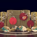 Traditional Decorative Scene With Golden Screens Red Fans Plum Blossom Branches And Glowing Ring Base