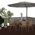 Outdoor Patio Rattan Table Chair Set With Umbrella And Potted Plants On Wooden Deck