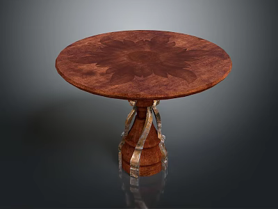 Round Wooden Table With Intricate Patterned Top And Wood Metal Base 3d model