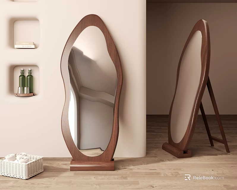 Elegant Modern Curved Standing Mirror With Wooden Frame And Organic Shape 3d model 