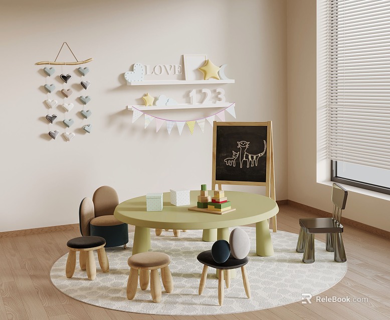 Kids Room Round Table and Chairs Set With Chalkboard Decorations and Rug 3d model 