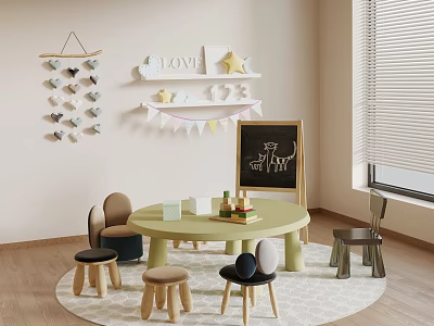 Kids Room Round Table and Chairs Set With Chalkboard Decorations and Rug 3d model