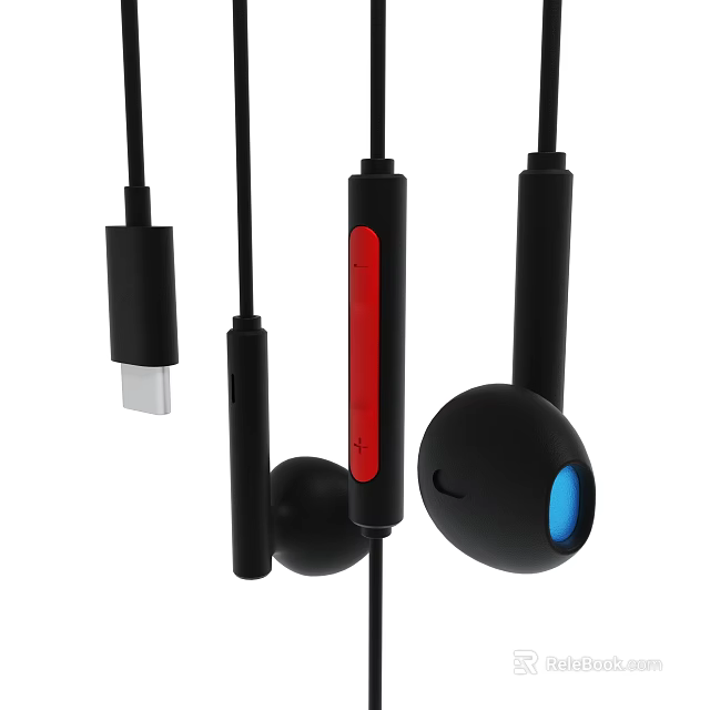 Ergonomic Black Earbuds With Red Control Module And USB C Connector 3d model