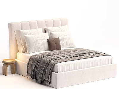 Modern Double Bed With Upholstered Headboard Multiple Pillows Brown Cushion And Striped Blanket 3d model