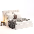 Modern Double Bed With Upholstered Headboard Multiple Pillows Brown Cushion And Striped Blanket