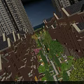 Residential Landscape Featuring Red Brick Townhouses High-Rise Buildings Green Trees Pathways and Courtyards