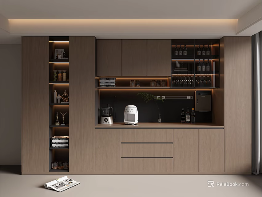 Modern Wine Cabinet Design With Wooden Shelves Wine Bottles Glasses Coffee Maker And Lighting 3d model 