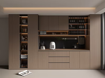 Modern Wine Cabinet Design With Wooden Shelves Wine Bottles Glasses Coffee Maker And Lighting 3d model