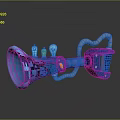 Blue Horn Shaped Weapon With Green Components Orange Details And Metal Pipes