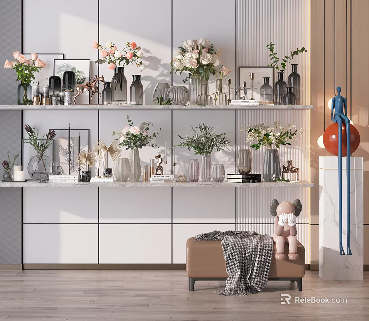 Various Vases With Fresh Flowers On Modern Shelf Display For Interior Home Decor 3d model 
