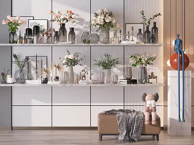 Various Vases With Fresh Flowers On Modern Shelf Display For Interior Home Decor 3d model