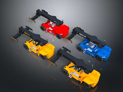 Four Colored Utility Vehicles With Mechanical Arms For Industrial Material Handling 3d model