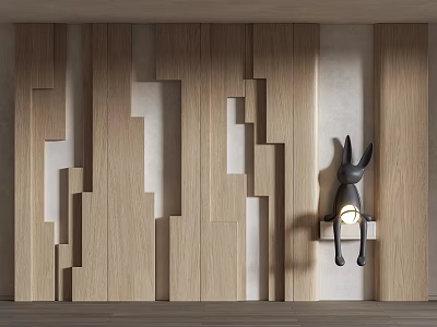 Light Wooden Wall Featuring Irregular Geometric Pattern Black Rabbit Decoration On Shelf And Round Lamp 3d model