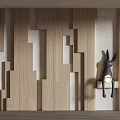 Light Wooden Wall Featuring Irregular Geometric Pattern Black Rabbit Decoration On Shelf And Round Lamp
