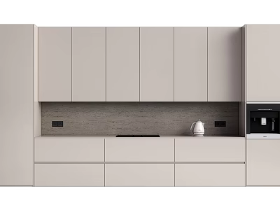 Modern Light Gray Kitchen Cabinets With Textured Backsplash And Countertop Appliances 3d model