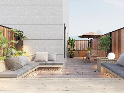 Modern Rooftop Garden With Wooden Deck Gray Sofa Green Plants And Umbrella 3d model