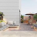 Modern Rooftop Garden With Wooden Deck Gray Sofa Green Plants And Umbrella