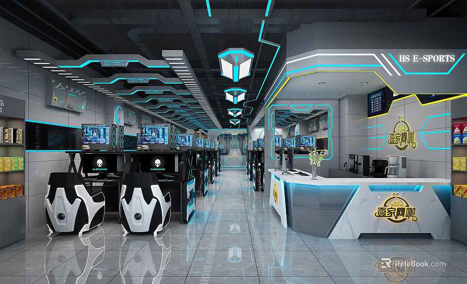 Futuristic Gaming Internet Cafe With Multiple Computers Comfortable Seats And Counter 3d model 