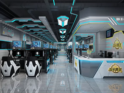 Futuristic Gaming Internet Cafe With Multiple Computers Comfortable Seats And Counter 3d model