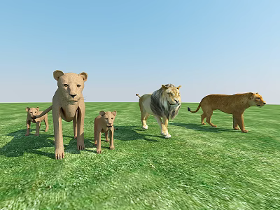 Group of Reptiles Standing On Lush Green Grass Under Clear Blue Sky 3d model