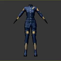 Futuristic Humanoid Character Blue Outfit With Yellow Accents High Collar Gloves And Boots