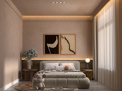 Warm Modern Hotel Room Interior With Comfortable Bed Decorative Artworks Table Lamp And Window Curtains 3d model