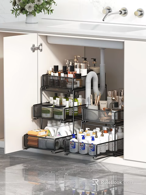 Bathroom Storage Shelves Neatly Organized With Various Toiletries Cosmetics And Containers 3d model 