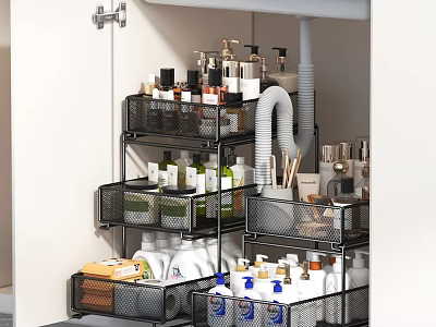 Bathroom Storage Shelves Neatly Organized With Various Toiletries Cosmetics And Containers 3d model