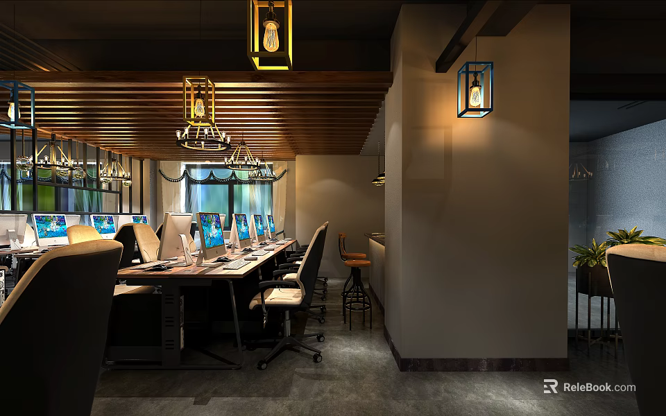 Modern Internet Cafe Interior With High Speed Computers Comfortable Chairs And Stylish Lighting 3d model 