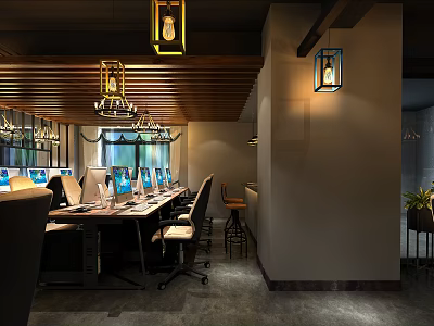 Modern Internet Cafe Interior With High Speed Computers Comfortable Chairs And Stylish Lighting 3d model