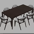 Dining Table Set With Dark Wood Rectangular Table And Six Light Gray Padded Chairs 3d model