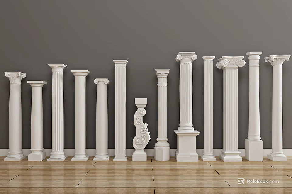 Classical White Roman Columns Interior Design With Decorative Statue Wooden Floor And Gray Wall 3d model 