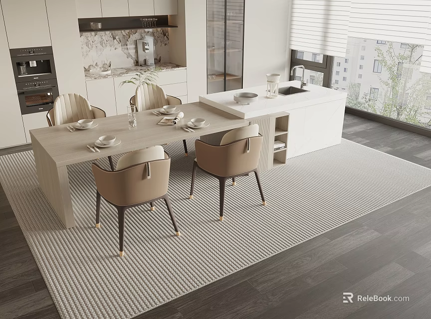 Modern Dining Table Set With Beige Chairs Dark Legs In Contemporary Kitchen Natural Light 3d model 