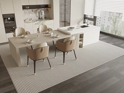 Modern Dining Table Set With Beige Chairs Dark Legs In Contemporary Kitchen Natural Light 3d model