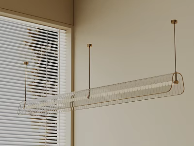 Modern Long Linear Metal Pendant Light Hanging In Room With Blinds 3d model