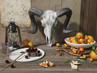 Modern Fruit Sheep Skull Still Life 3d model