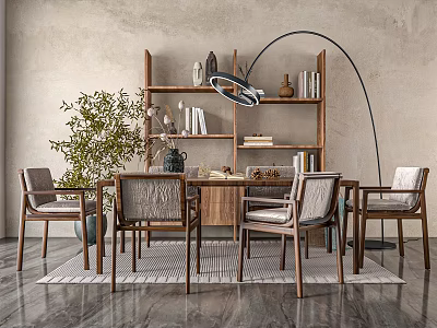 Rustic Dining Table Set With Wooden Chairs Bookshelf Floor Lamp And Potted Plant 3d model
