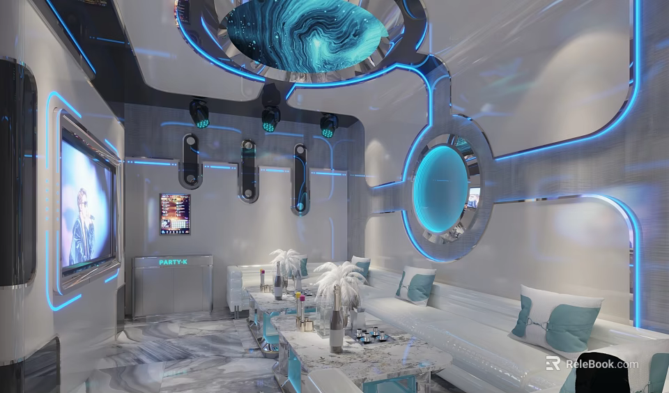 Hi Tech KTV Room Interior With Blue Lighting Sofas Microphones Screen And Circular Decor 3d model 