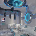 Hi Tech KTV Room Interior With Blue Lighting Sofas Microphones Screen And Circular Decor 3d model