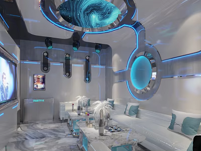 Hi Tech KTV Room Interior With Blue Lighting Sofas Microphones Screen And Circular Decor 3d model