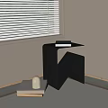 Modern Geometric Metal Side Table With Stacked Books And Decorative Stone Near Window Blinds