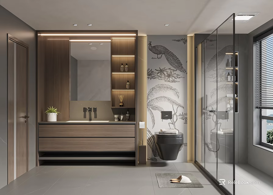 Modern Bathroom Interior With Wooden Vanity Large Mirror Glass Shower And Peacock Mural 3d model 