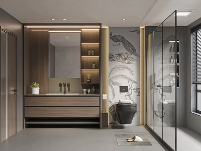 Modern Bathroom Interior With Wooden Vanity Large Mirror Glass Shower And Peacock Mural 3d model