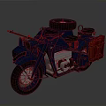 Vintage Blue Motorcycle With Sidecar Spare Tire And Red Storage Box