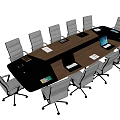 Modern Conference Table With White Ergonomic Chairs Laptop And Documents On Wooden Surface